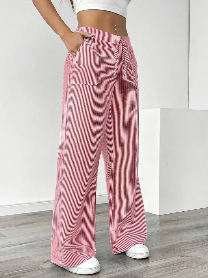 Linen Bukser Stribede Wide Leg med Lommer