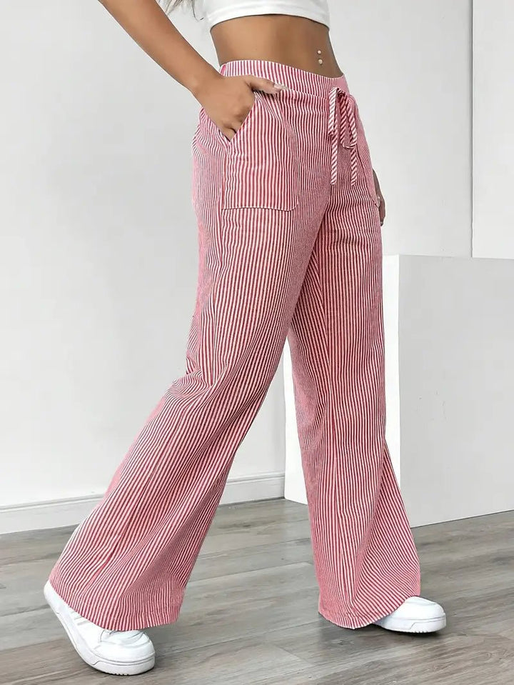 Linen Bukser Stribede Wide Leg med Lommer