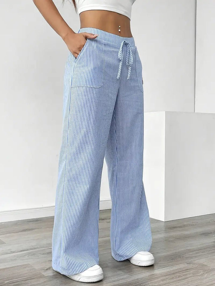 Linen Bukser Stribede Wide Leg med Lommer