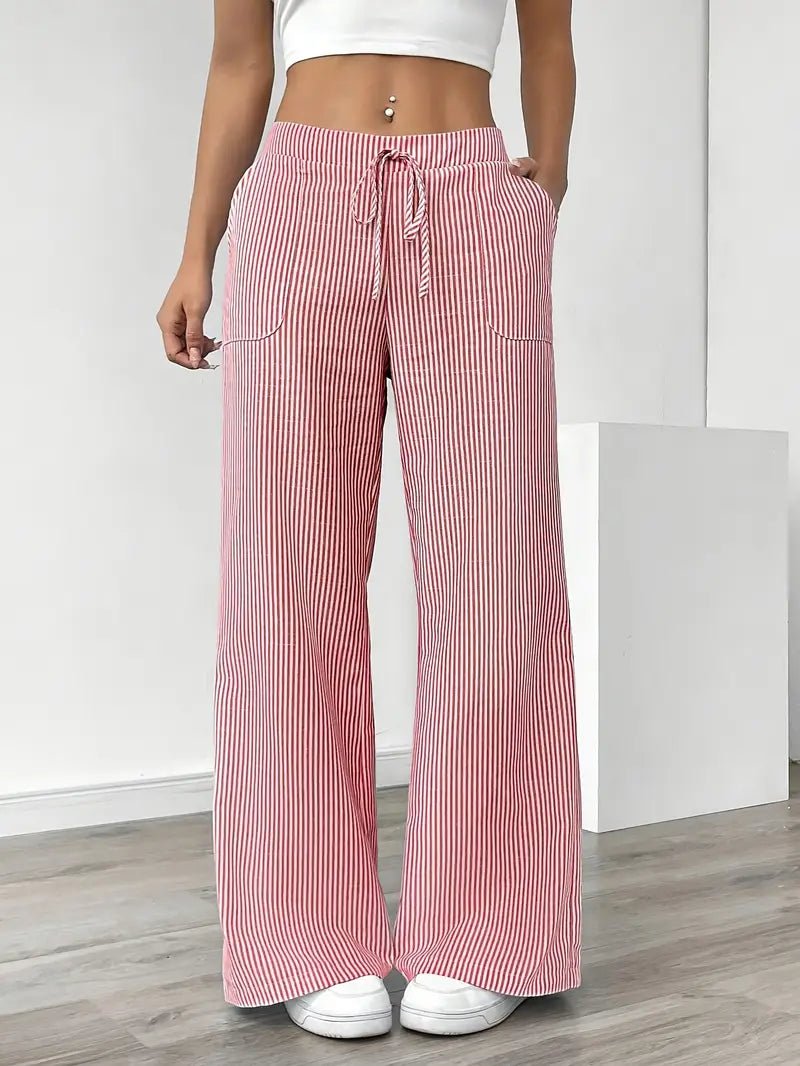 Linen Bukser Stribede Wide Leg med Lommer - Pink