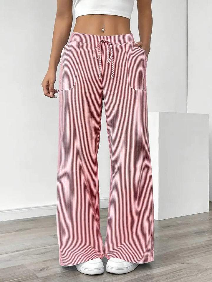 Linen Bukser Stribede Wide Leg med Lommer - Pink