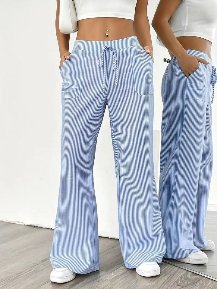 Linen Bukser Stribede Wide Leg med Lommer