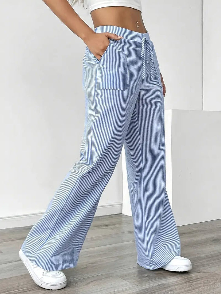 Linen Bukser Stribede Wide Leg med Lommer
