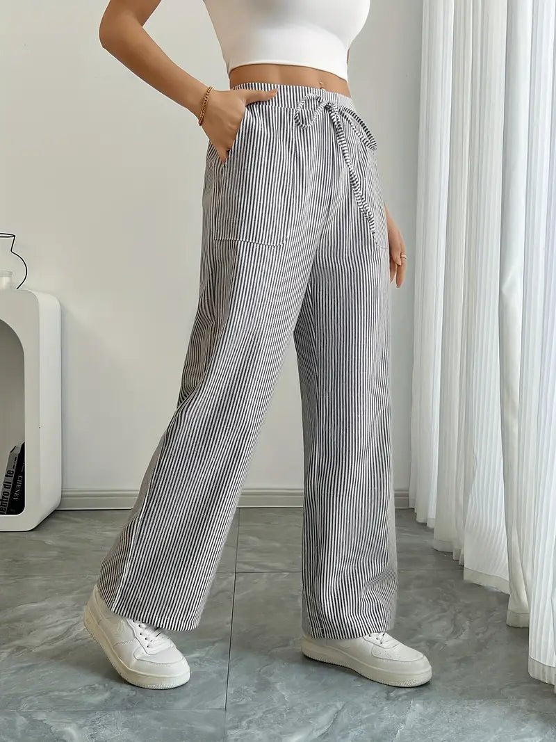 Linen Bukser Stribede Wide Leg med Lommer