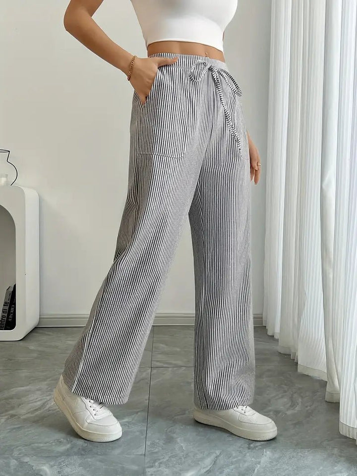 Linen Bukser Stribede Wide Leg med Lommer