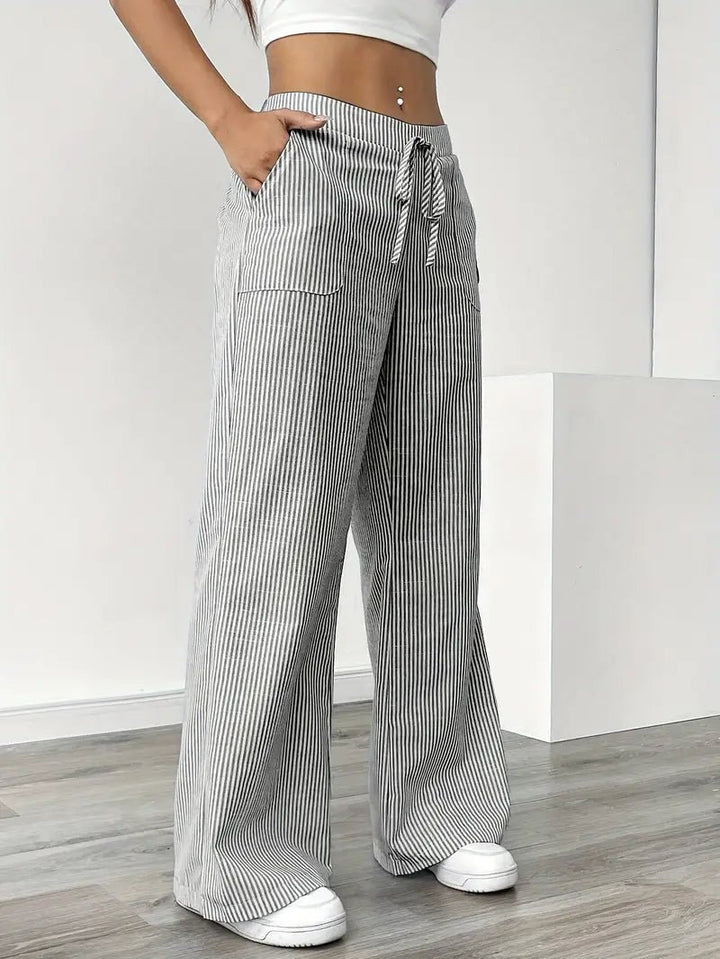 Linen Bukser Stribede Wide Leg med Lommer