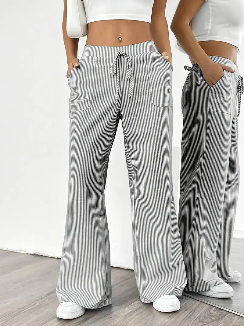 Linen Bukser Stribede Wide Leg med Lommer