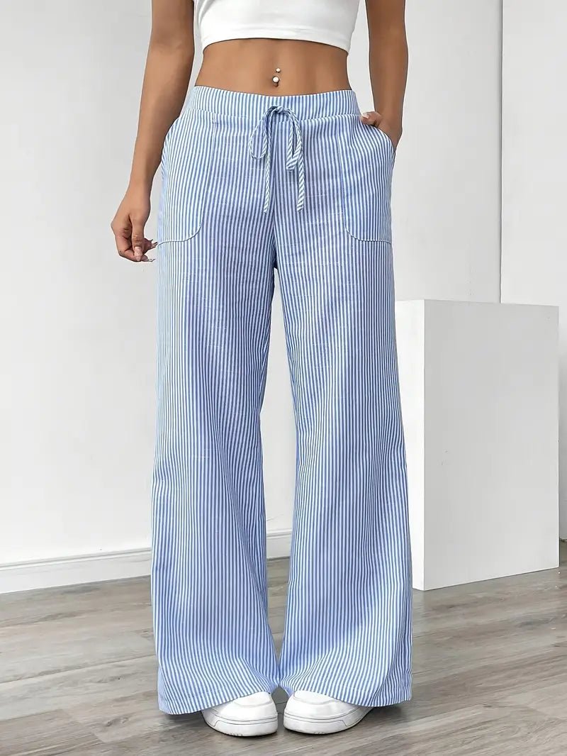 Linen Bukser Stribede Wide Leg med Lommer - Blue