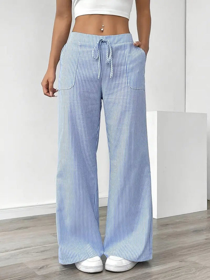 Linen Bukser Stribede Wide Leg med Lommer - Blue
