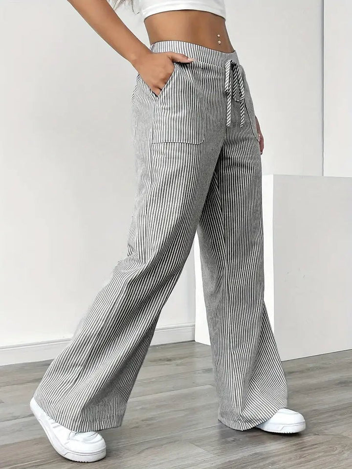 Linen Bukser Stribede Wide Leg med Lommer