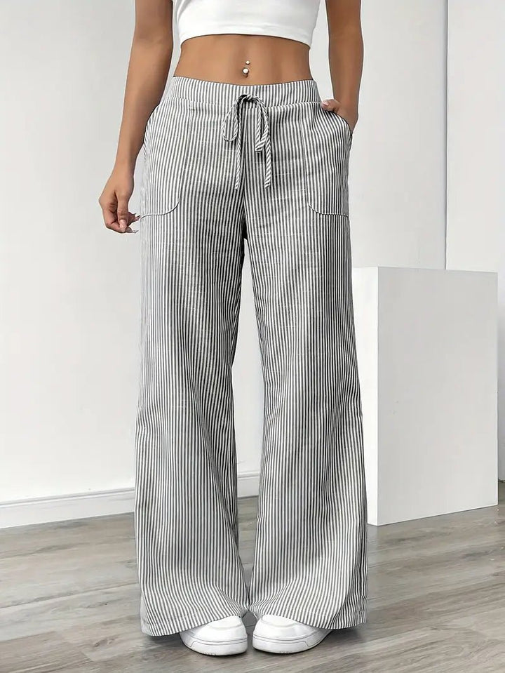 Linen Bukser Stribede Wide Leg med Lommer - Grey