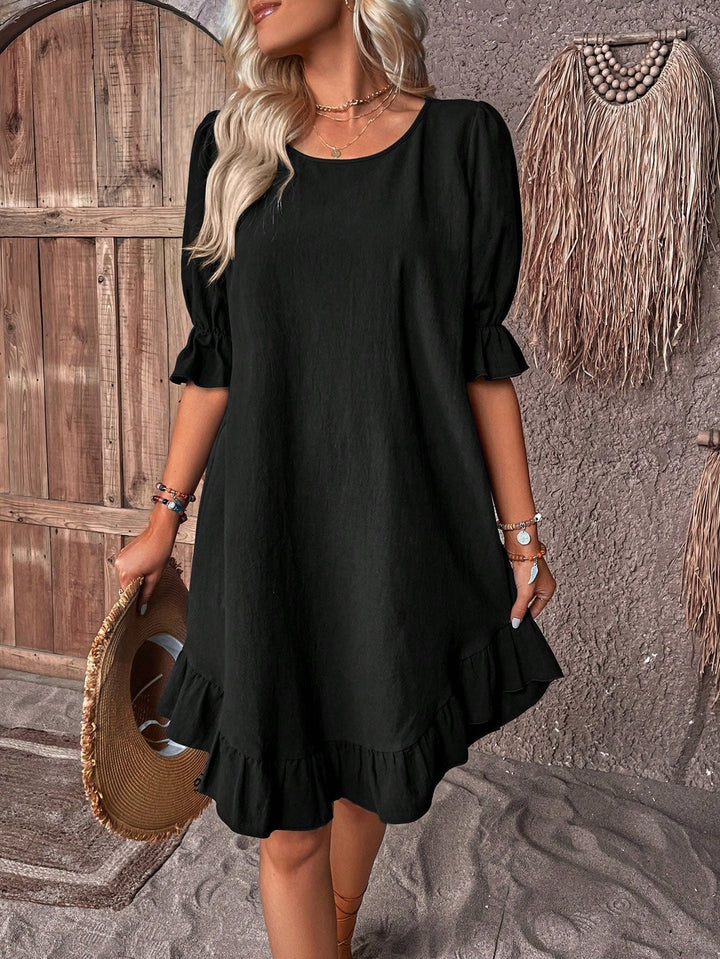 Linen Kjole Mini A-Line med Flæser Puff Ærmer - Black