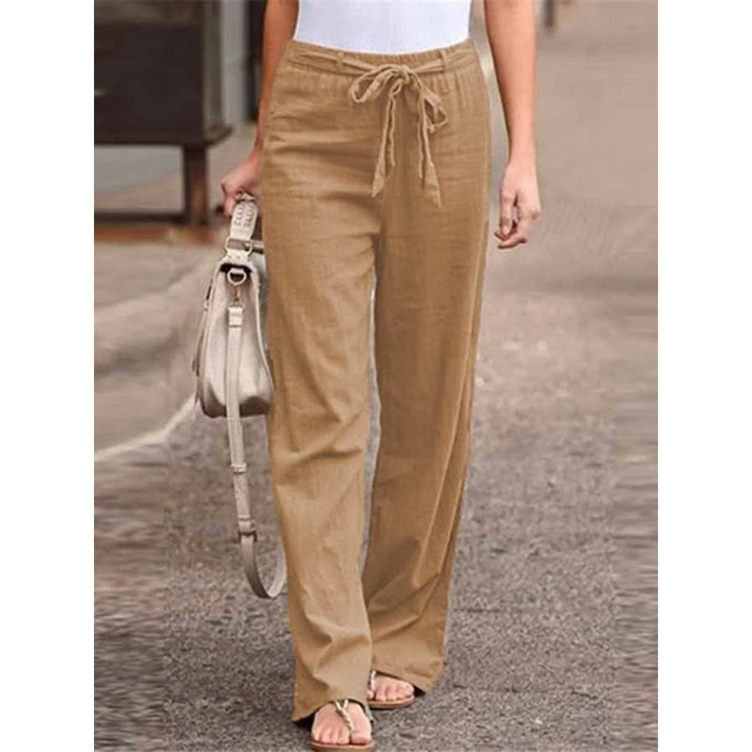 Linen Palazzo Bukser Løstsiddende Vid Ben Snørebånd - Light Brown