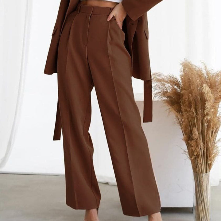 Linned Bukser Højtaljet Vide Ben Plisseret Elegant - Brown