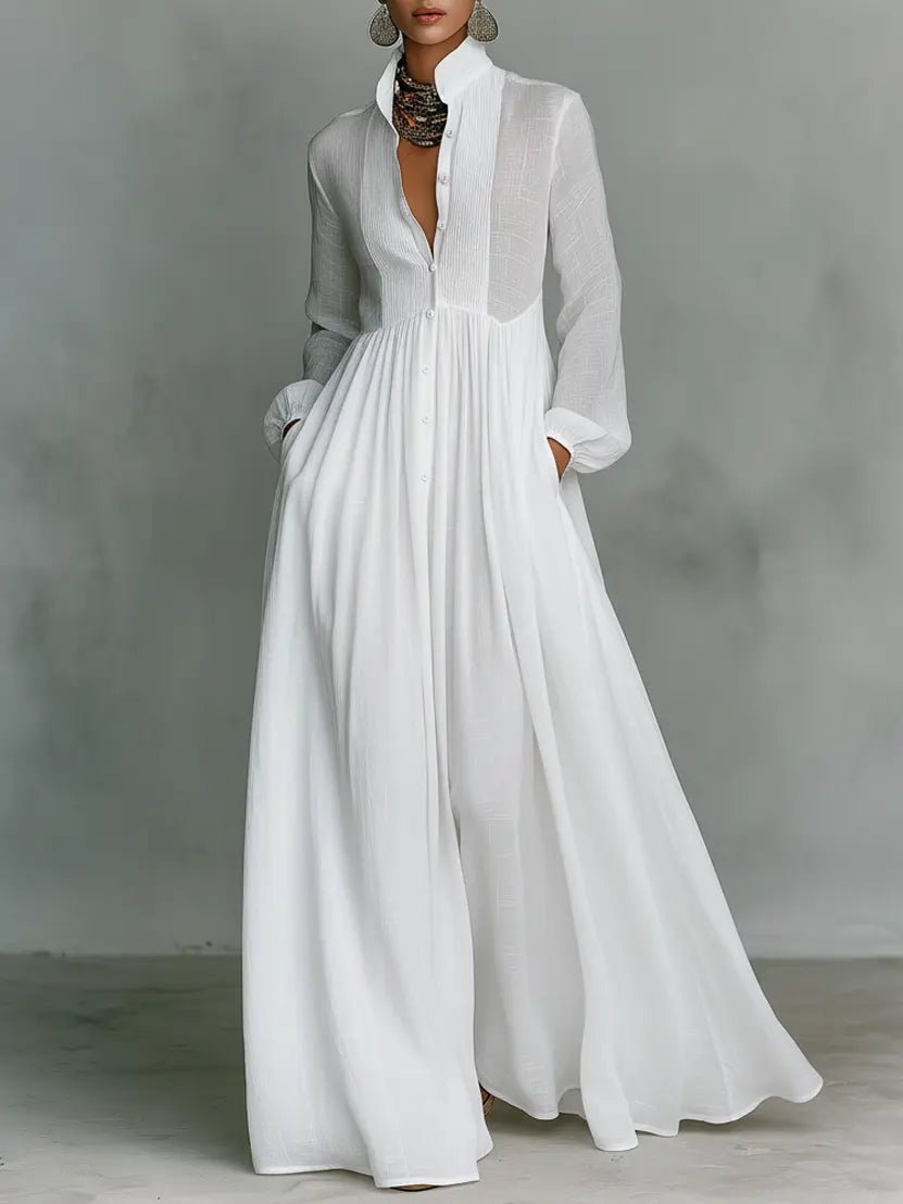 Maxi Kjole med Ståkrave og Patchwork Detaljer - White