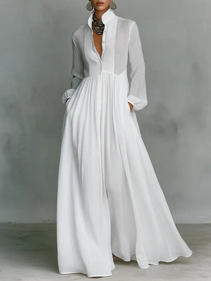 Maxi Kjole med Ståkrave og Patchwork Detaljer - White