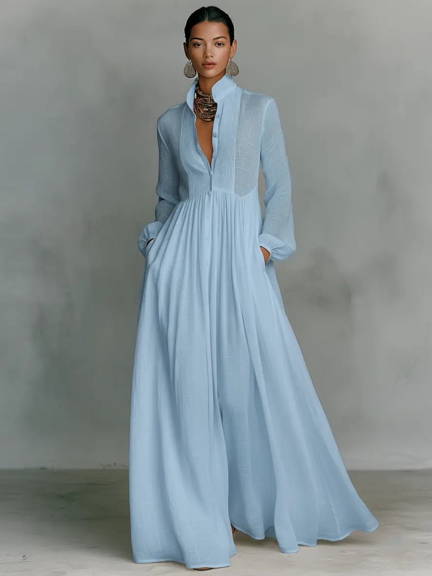 Maxi Kjole med Ståkrave og Patchwork Detaljer - Blue