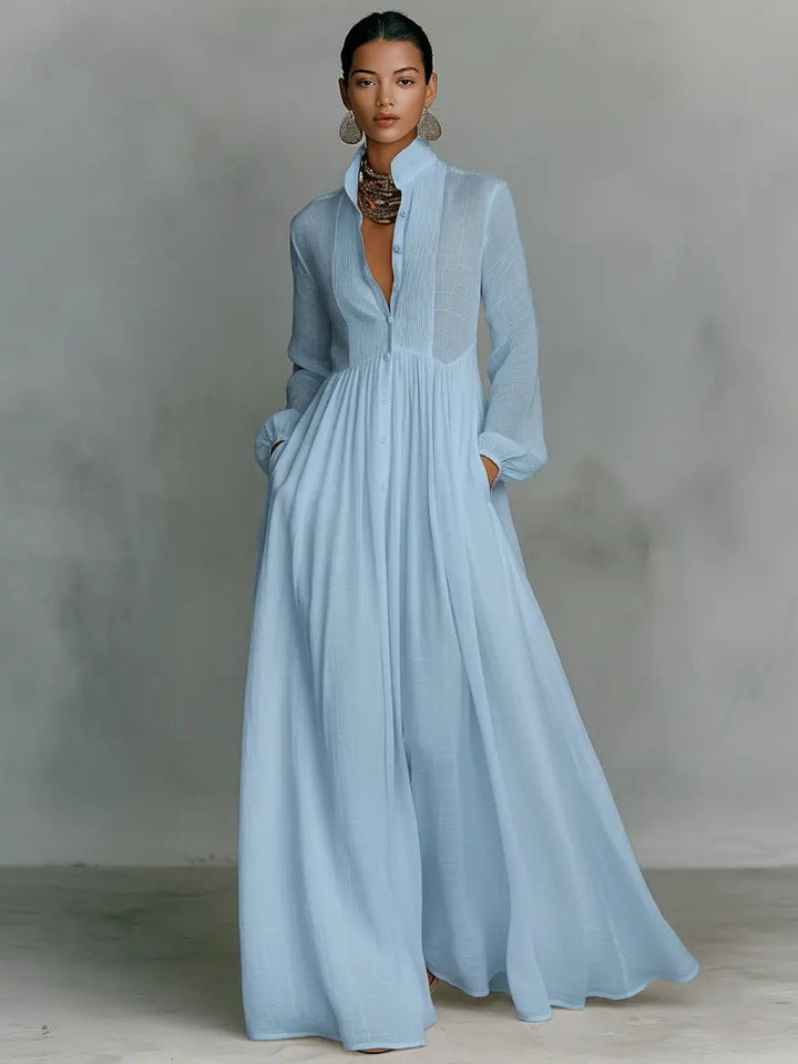 Maxi Kjole med Ståkrave og Patchwork Detaljer - Blue