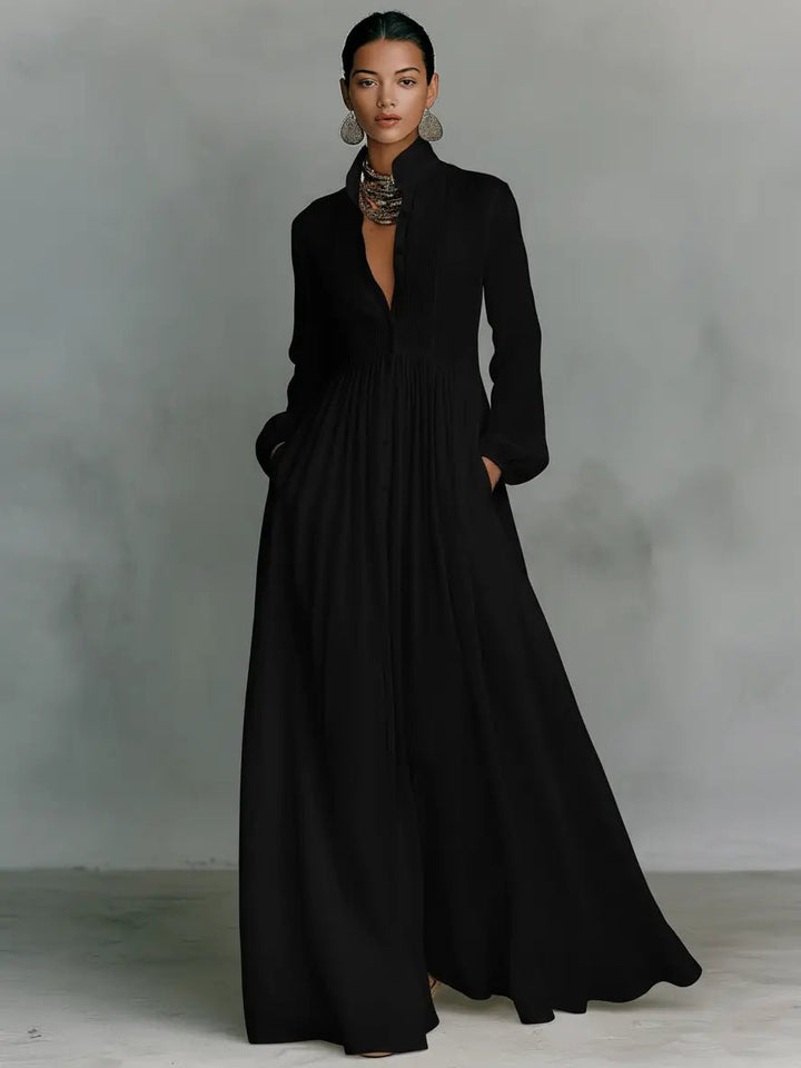Maxi Kjole med Ståkrave og Patchwork Detaljer - Black