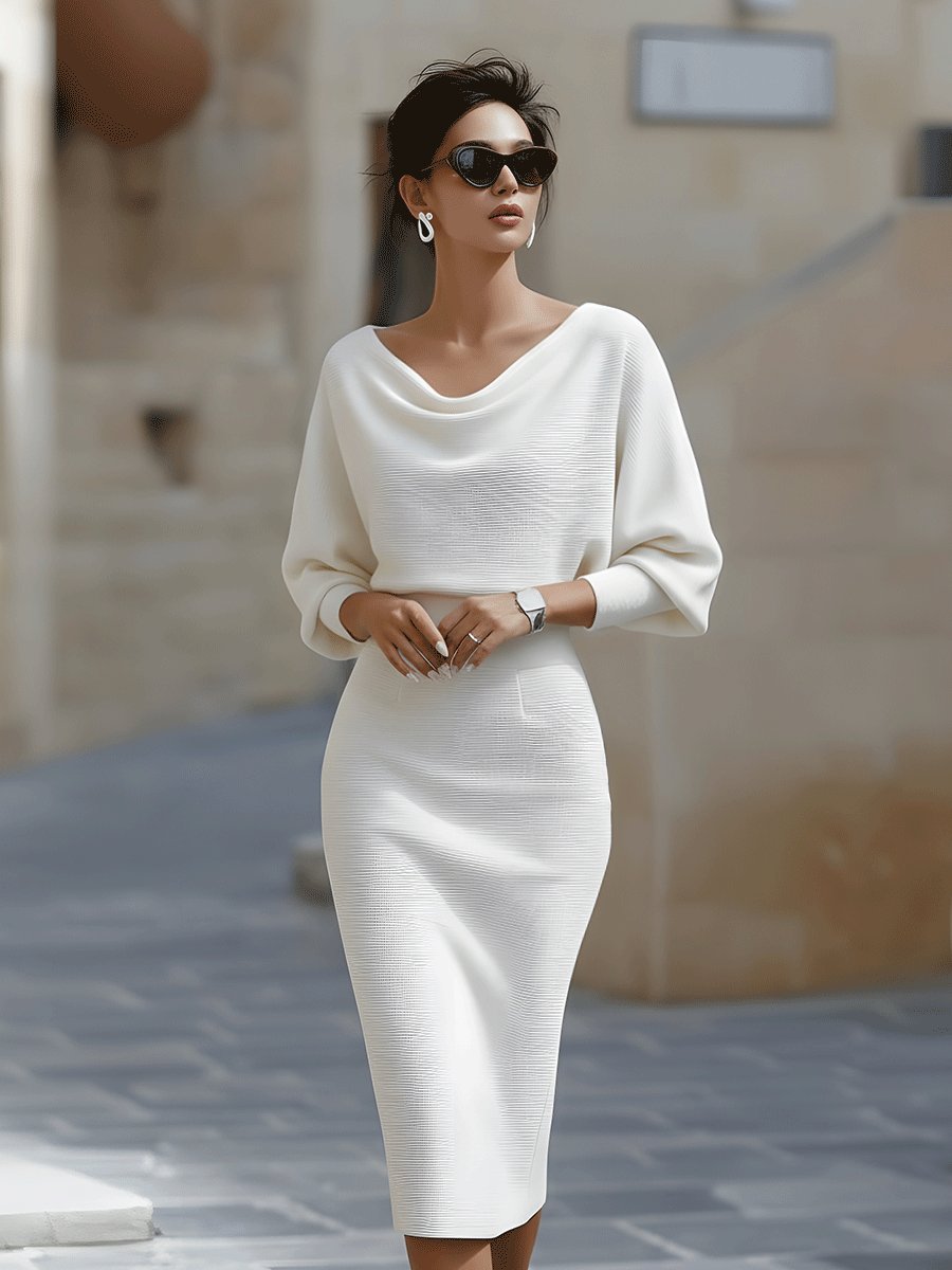 Midi Kjole Cowl-Hals Satin Bodycon Lang Ærme