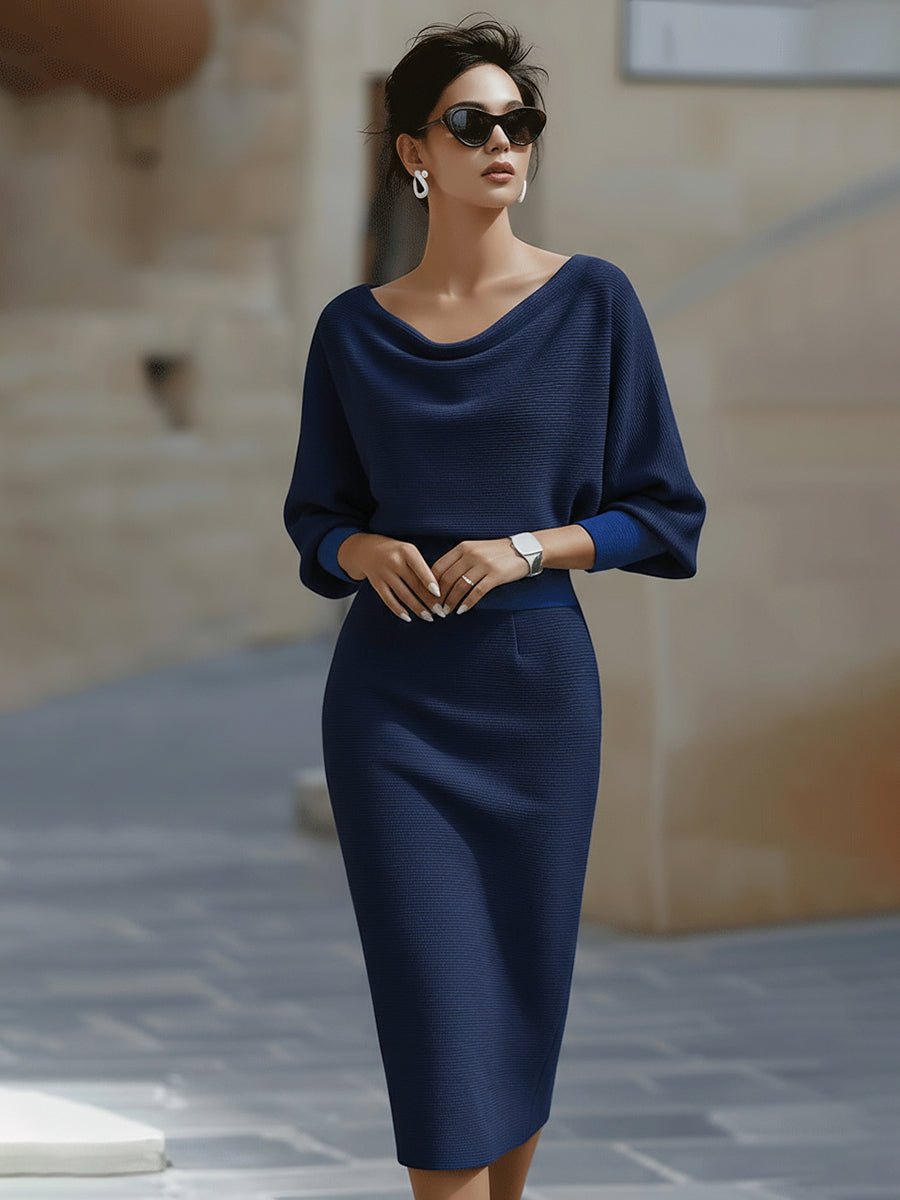 Midi Kjole Cowl-Hals Satin Bodycon Lang Ærme - Navy