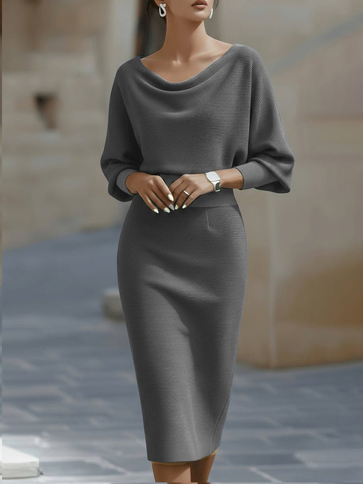 Midi Kjole Cowl-Hals Satin Bodycon Lang Ærme - Gray
