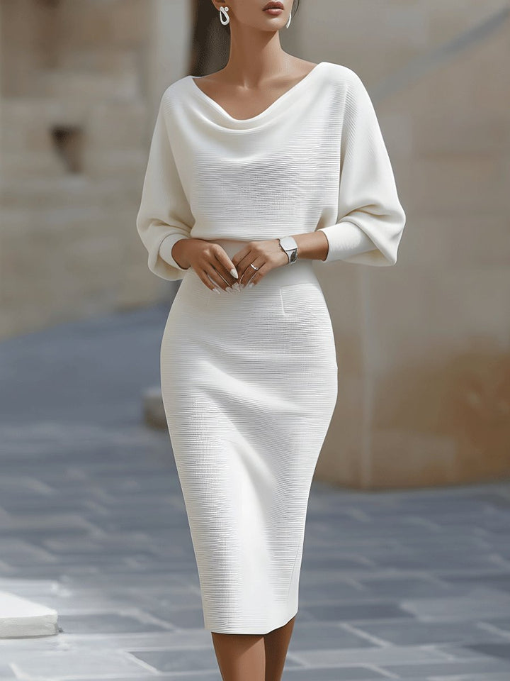 Midi Kjole Cowl-Hals Satin Bodycon Lang Ærme - White