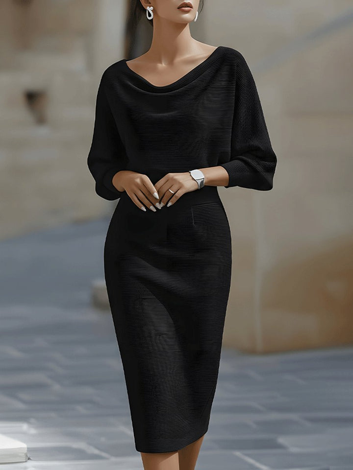 Midi Kjole Cowl-Hals Satin Bodycon Lang Ærme - Black