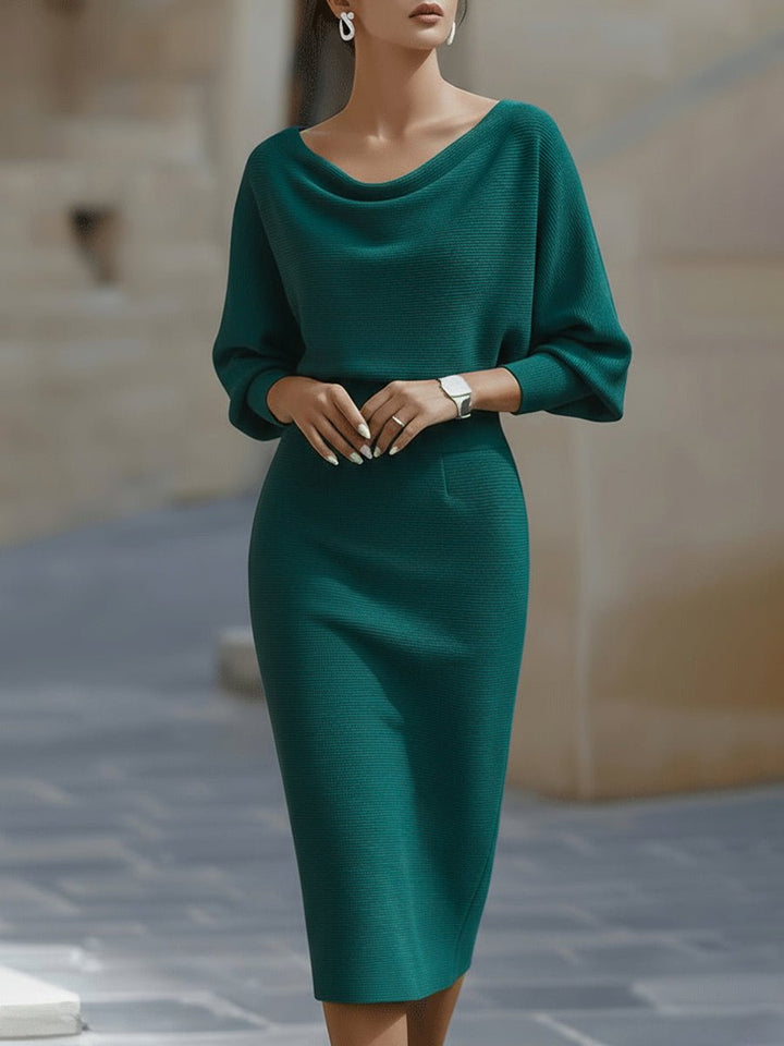 Midi Kjole Cowl-Hals Satin Bodycon Lang Ærme - Teal Blue