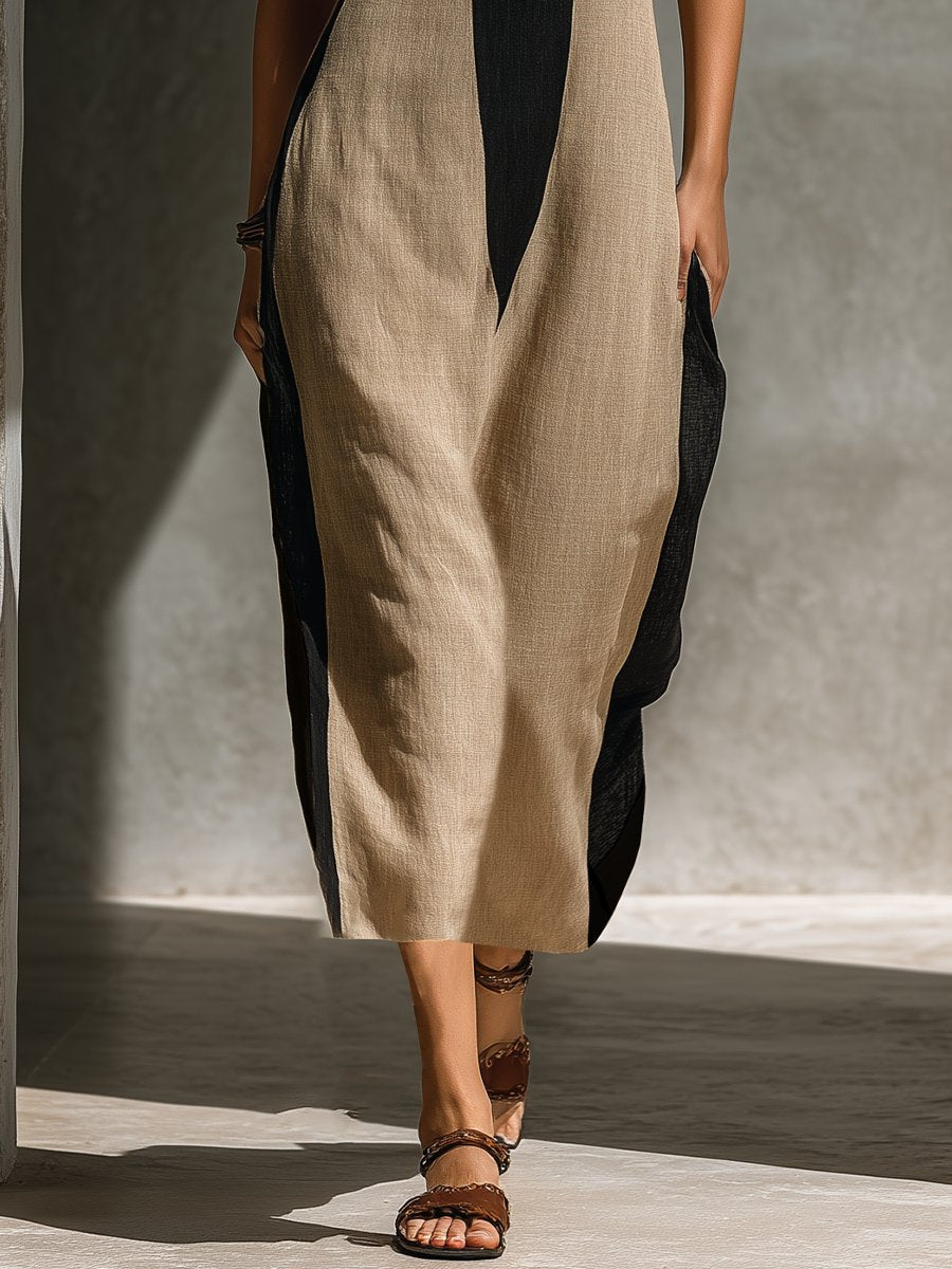 Midi Kjole Halterneck Color Block Sort Beige