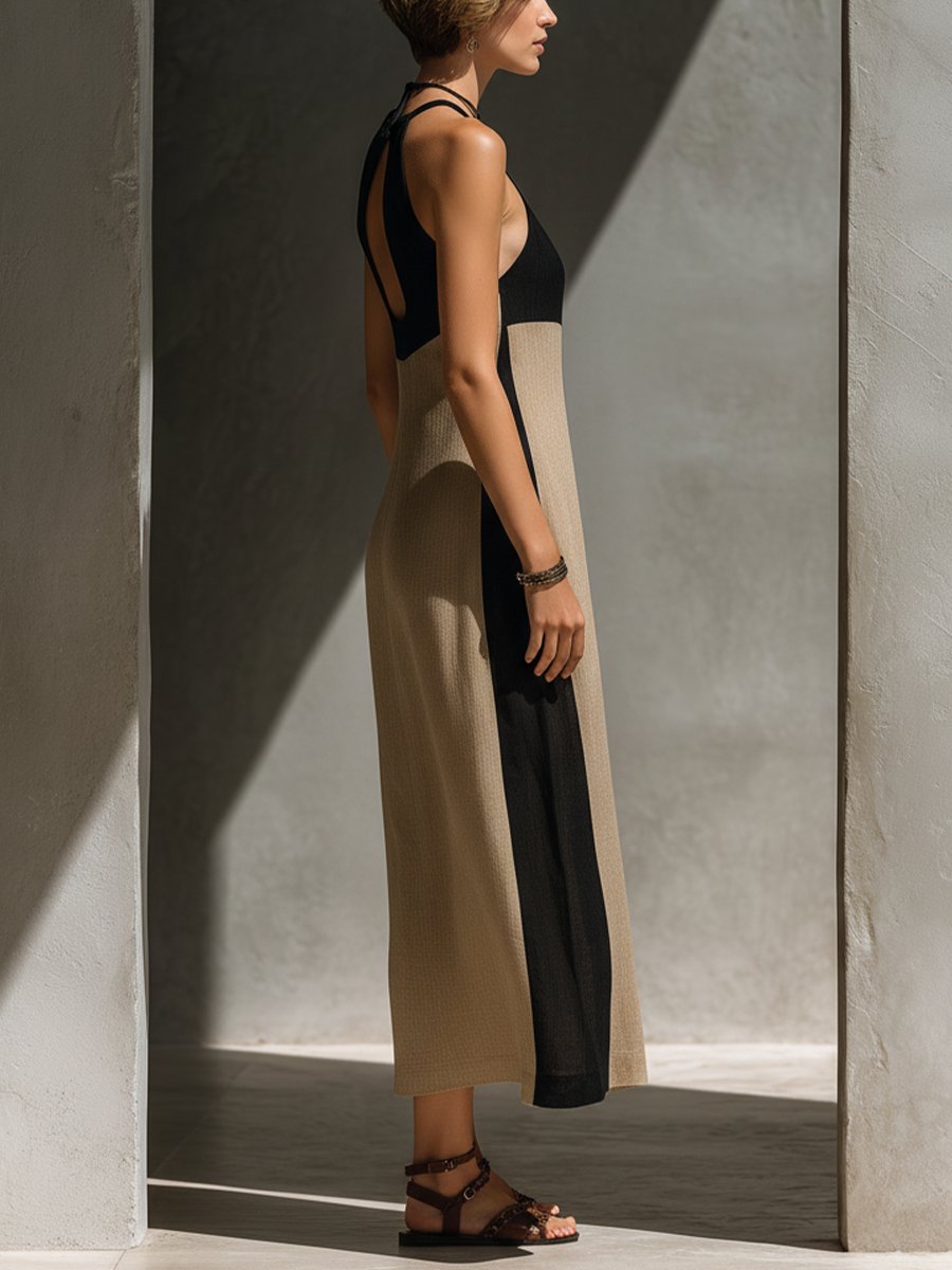 Midi Kjole Halterneck Color Block Sort Beige