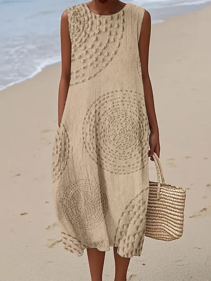 Midi Kjole Ærmeløs Broderet A-Facon Sommer - Light Sand
