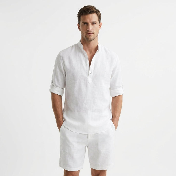Mænd Afslappet Lærred Henley Skjorte Mao Krave - Blanco