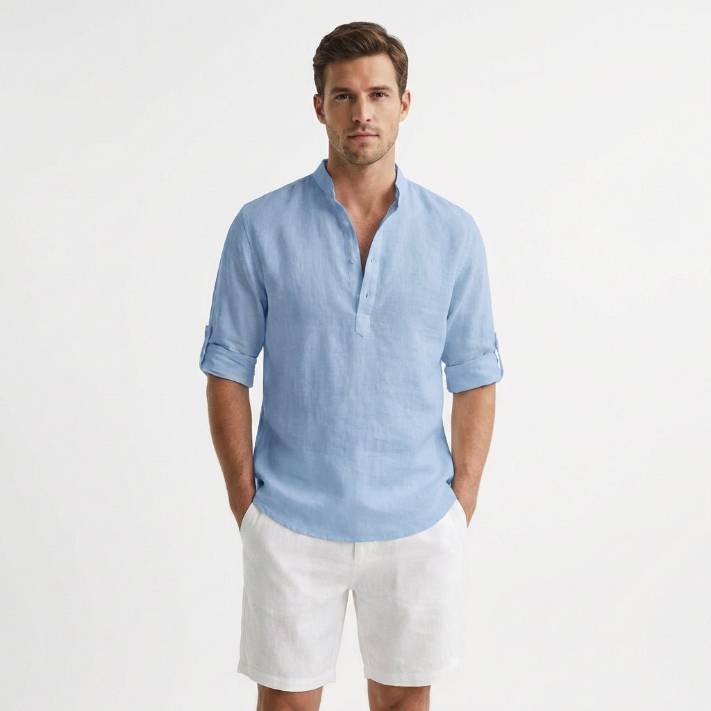 Mænd Afslappet Lærred Henley Skjorte Mao Krave - Azul Claro