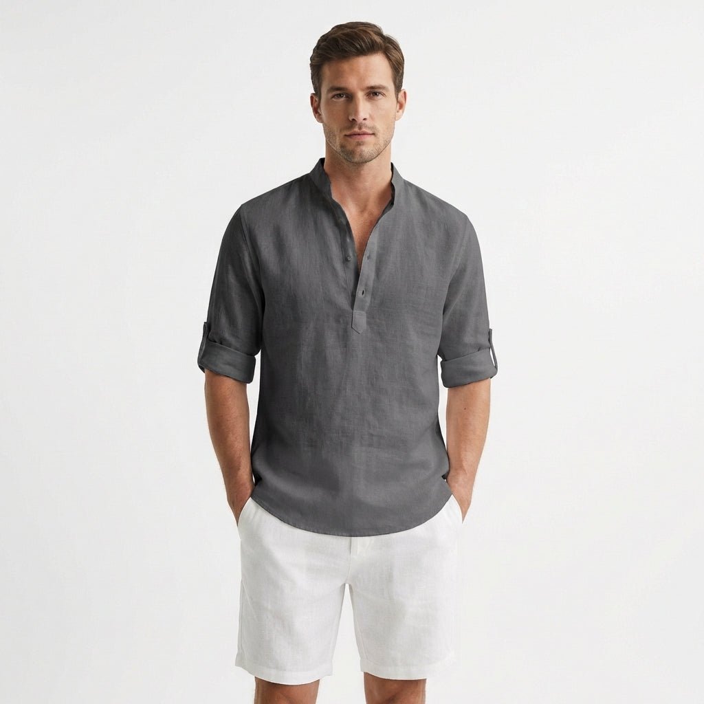 Mænd Afslappet Lærred Henley Skjorte Mao Krave - Gris