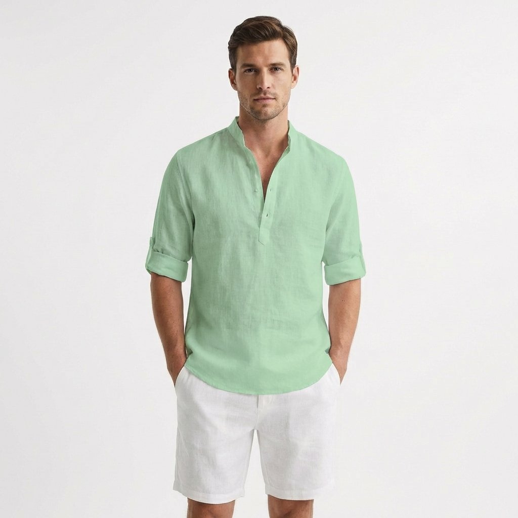 Mænd Afslappet Lærred Henley Skjorte Mao Krave - Verde menta