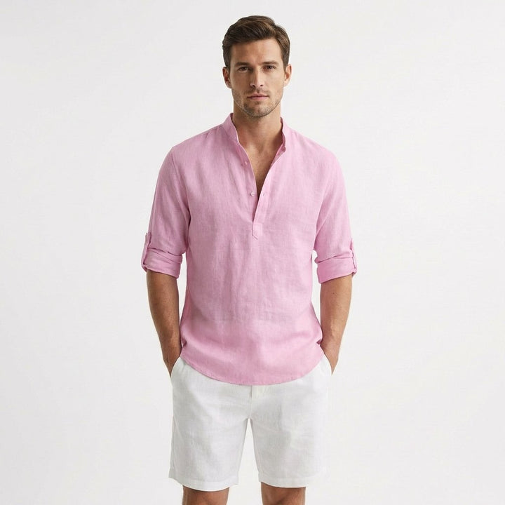 Mænd Afslappet Lærred Henley Skjorte Mao Krave - Rosa