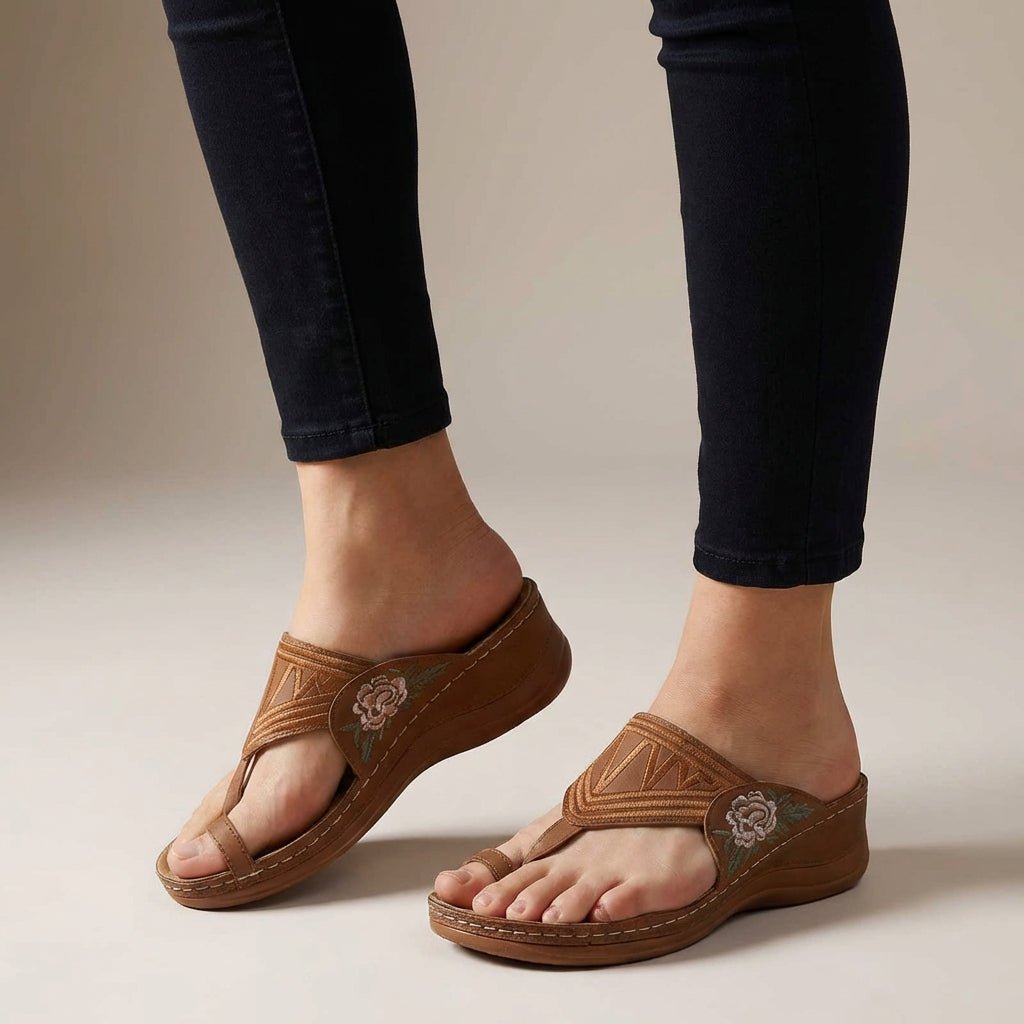 Ortopædiske Kile Sandaler Blomster Broderi Wedge Sommer - Auburn