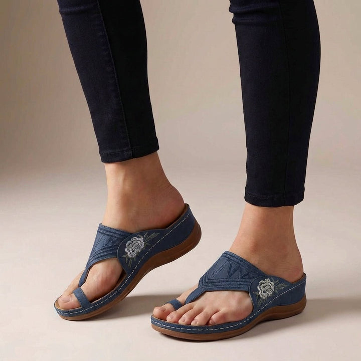 Ortopædiske Kile Sandaler Blomster Broderi Wedge Sommer - Blue