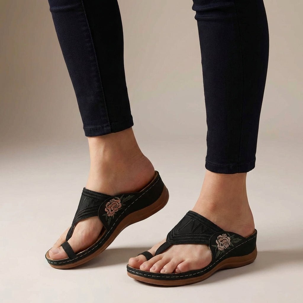 Ortopædiske Kile Sandaler Blomster Broderi Wedge Sommer - Black