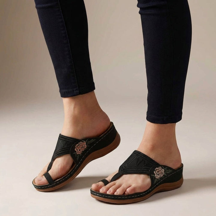 Ortopædiske Kile Sandaler Blomster Broderi Wedge Sommer - Black