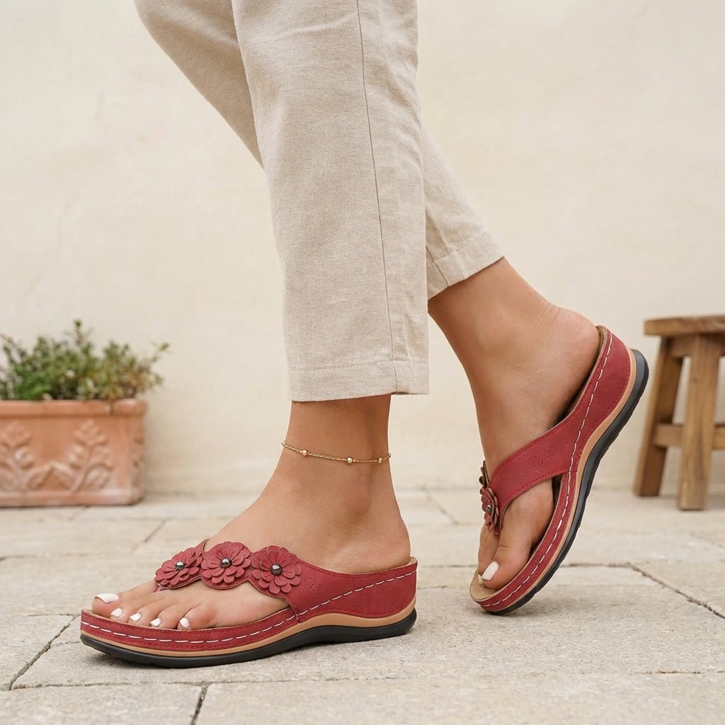 Ortopædiske Sandaler Kilehæl Blomsterdetaljer Comfort - Red