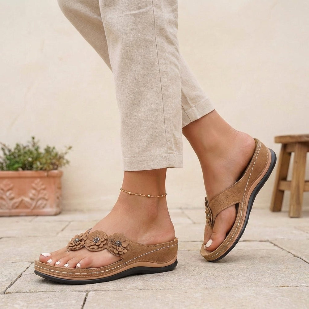 Ortopædiske Sandaler Kilehæl Blomsterdetaljer Comfort - Brown