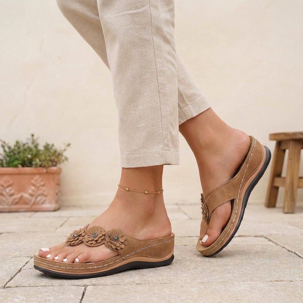Ortopædiske Sandaler Kilehæl Blomsterdetaljer Comfort - Brown
