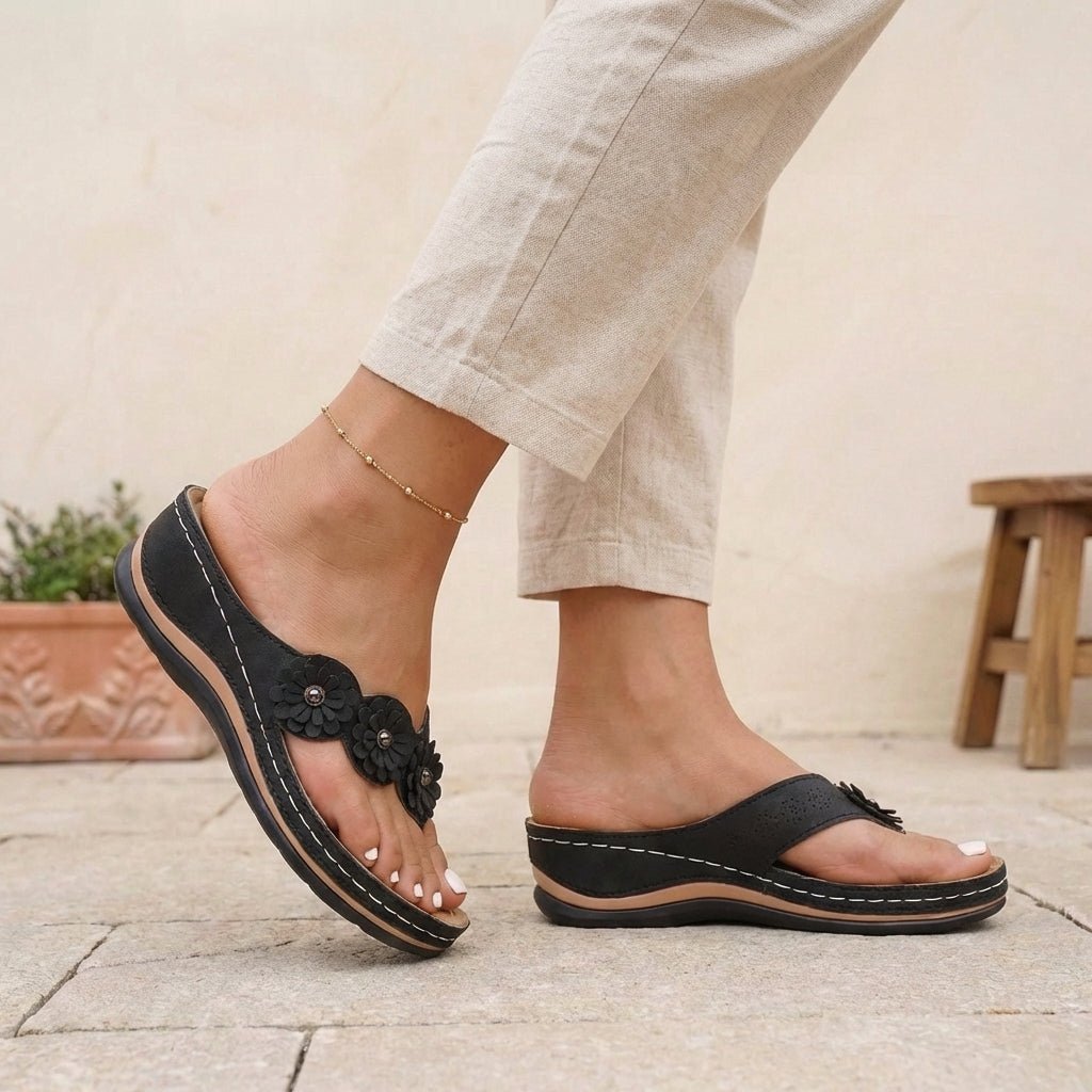 Ortopædiske Sandaler Kilehæl Blomsterdetaljer Comfort - Black