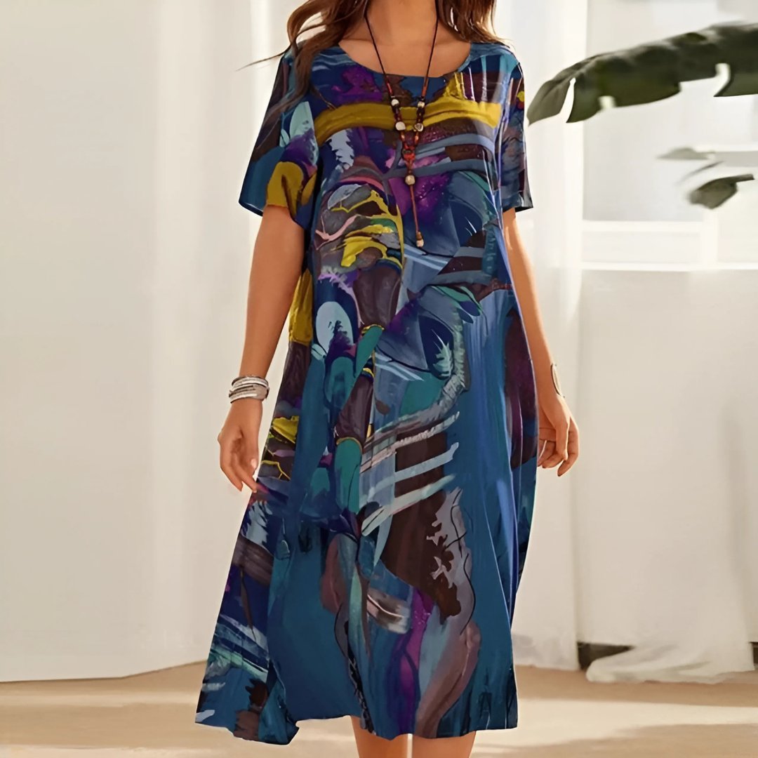 Plus Size Blomstret Kjole Kort Ærme Løs Pasform Boheme - Blue