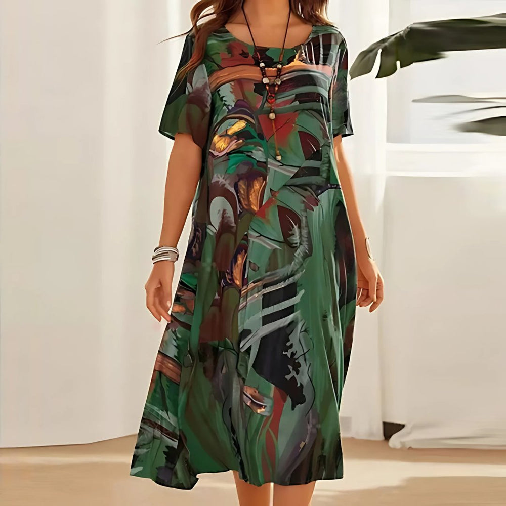 Plus Size Blomstret Kjole Kort Ærme Løs Pasform Boheme - Green