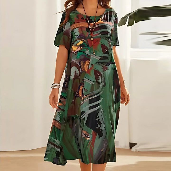 Plus Size Blomstret Kjole Kort Ærme Løs Pasform Boheme - Green