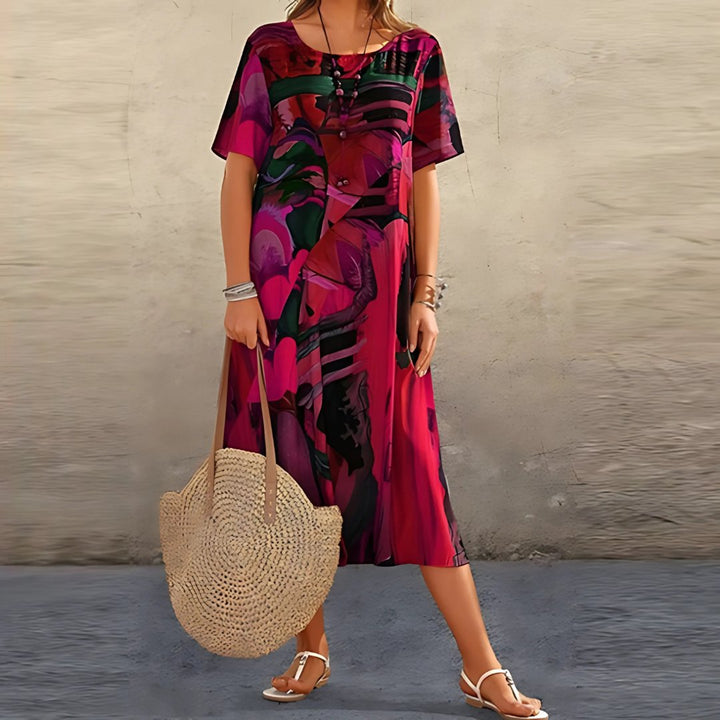 Plus Size Blomstret Kjole Kort Ærme Løs Pasform Boheme - Red