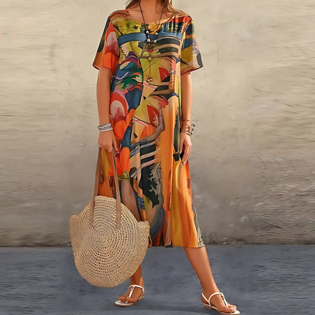 Plus Size Blomstret Kjole Kort Ærme Løs Pasform Boheme - Orange